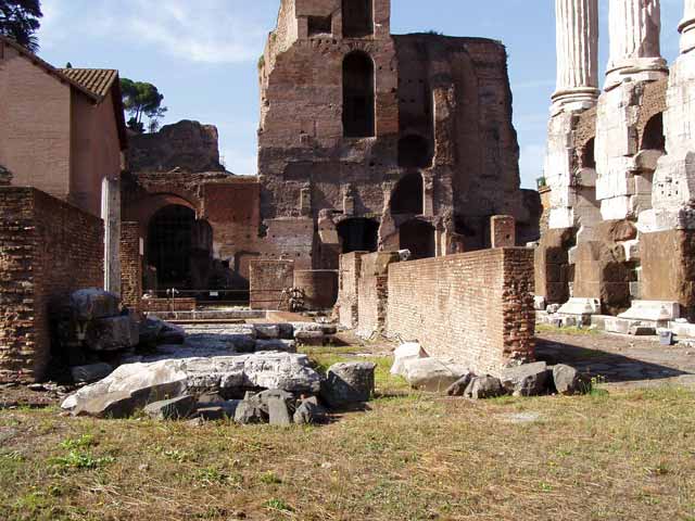 Il Lacus Iuturnae con a sinistra l'Oratorio dei Quaranta Martiri; in fondo Santa Maria Antiqua e a destra il Tempio dei Castori